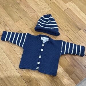 Blue and White Striped baseball baby Sweater and Hat Set